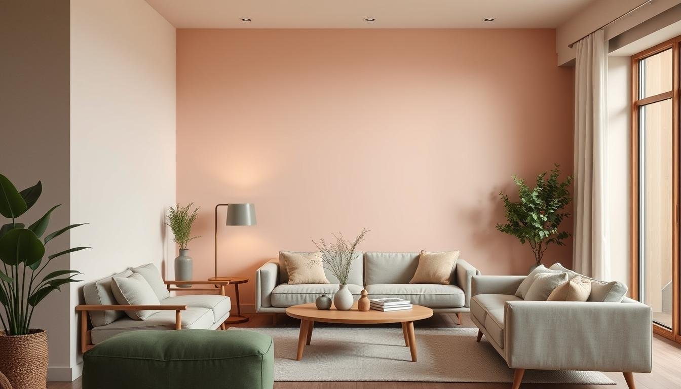 A serene Japandi color palette in a dwellstudio24 minimalist interior. Soft, natural tones of warm beige, dusty rose, and muted green create a calming ambiance. Indirect lighting casts a gentle glow, accentuating the clean lines and organic textures of Scandinavian-inspired furnishings. The scene exudes a harmonious blend of Nordic simplicity and Japanese wabi-sabi aesthetics, evoking a sense of tranquil elegance. The camera captures this cohesive color scheme from a mid-angle perspective, showcasing the harmonious blend of warm and cool hues that define the Japandi style.