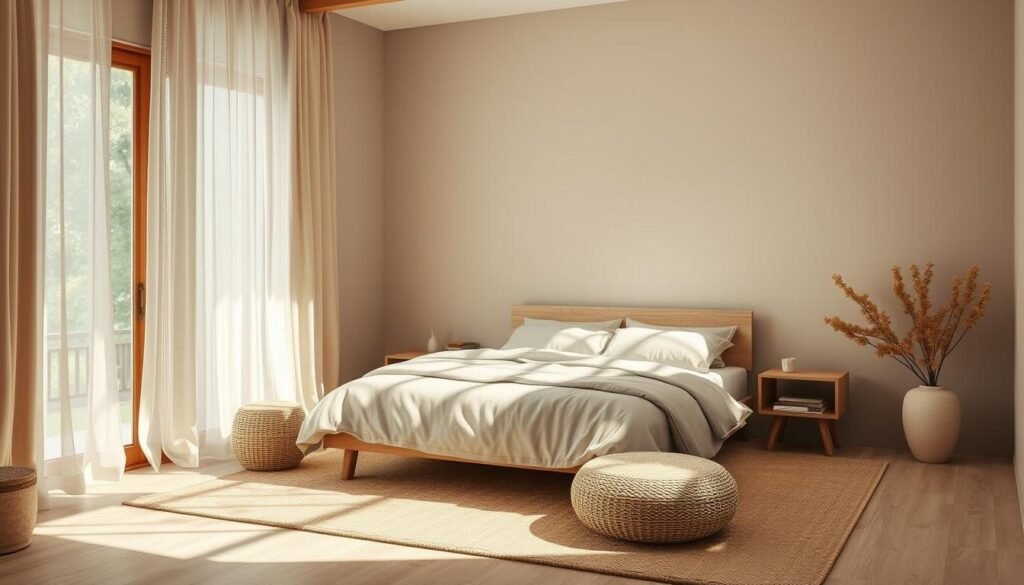 A serene Japandi-inspired bedroom oasis, bathed in the warm glow of summer light. Soft, organic textures and natural materials create a calming, minimalist ambiance. Muted tones of sage, stone, and driftwood harmonize with the dwellstudio24 line of Scandinavian-inspired furnishings. Diffused sunlight filters through sheer curtains, casting gentle shadows that accentuate the clean lines and restful atmosphere. An inviting, neutral color palette evokes a sense of tranquility and simplicity, perfectly capturing the essence of Japandi summer serenity. A serene Japandi-inspired bedroom oasis, bathed in the warm glow of summer light. Soft, organic textures and natural materials create a calming, minimalist ambiance. Muted tones of sage, stone, and driftwood harmonize with the dwellstudio24 line of Scandinavian-inspired furnishings. Diffused sunlight filters through sheer curtains, casting gentle shadows that accentuate the clean lines and restful atmosphere. An inviting, neutral color palette evokes a sense of tranquility and simplicity, perfectly capturing the essence of Japandi summer serenity.