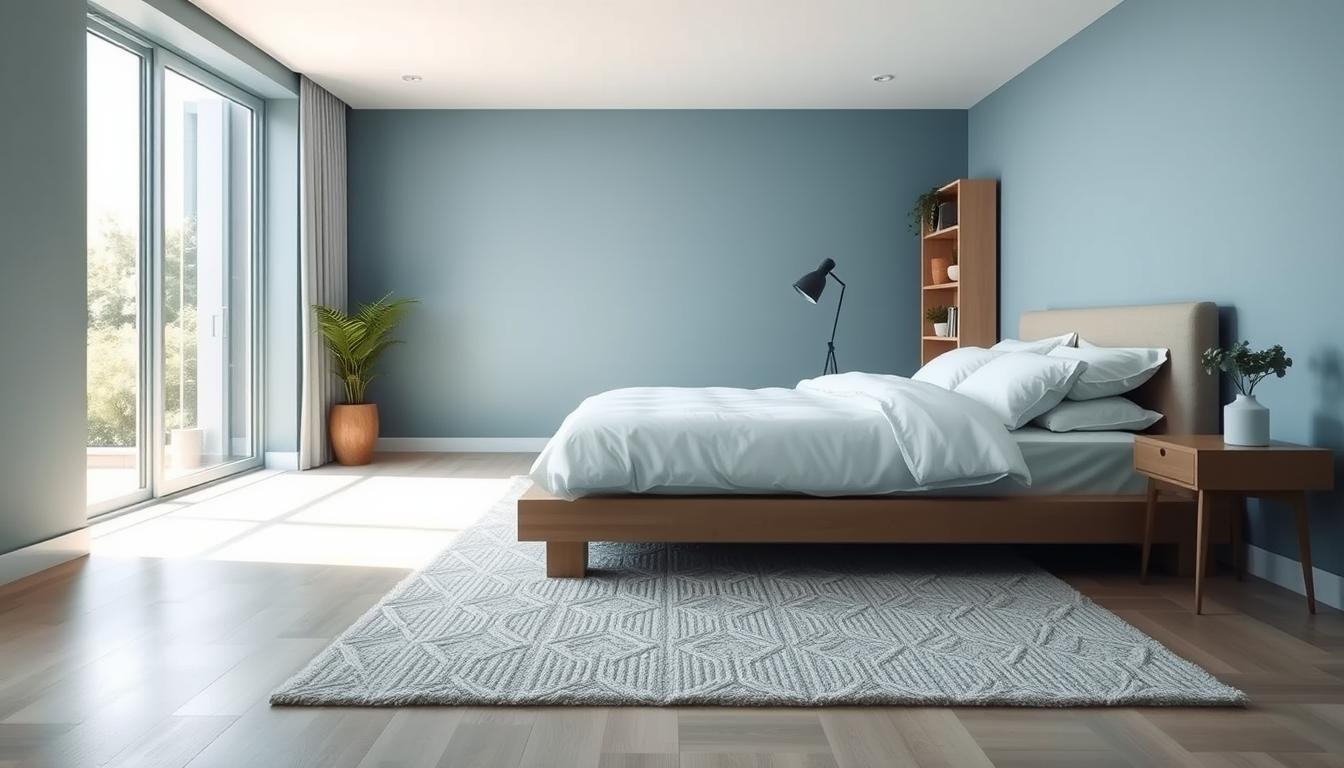 A serene Japandi-inspired blue bedroom oasis, with a minimalist yet cozy atmosphere. A large window floods the space with soft, natural light, casting a warm glow on the muted blue walls and crisp white bedding. In the foreground, a low-profile platform bed is dressed in luxurious linens, complemented by a sleek nightstand and a simple, yet elegant reading lamp. The middle ground features a plush area rug in a subtle geometric pattern, grounding the space. In the background, a tall, slender bookshelf filled with natural wood accents and a few potted plants adds a touch of Scandinavian charm. The overall mood is serene, calming, and inviting - a true Japandi-inspired "blue bedroom oasis".