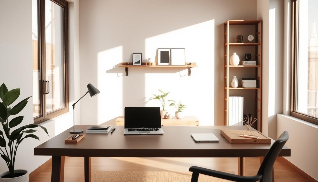 A serene Japandi-inspired digital workspace, bathed in soft natural light streaming through large windows. In the foreground, a sleek, minimalist desk with a neatly organized laptop, tablet, and stationery essentials. Muted earth tones and natural wood accents create a calming ambiance. The middle ground features a potted plant and a few carefully curated decor pieces, lending a touch of organic elegance. In the background, subtle geometric shelving displays digital devices and organizational tools, all streamlined and harmonious. The overall atmosphere is one of focused productivity and mindful digital living.