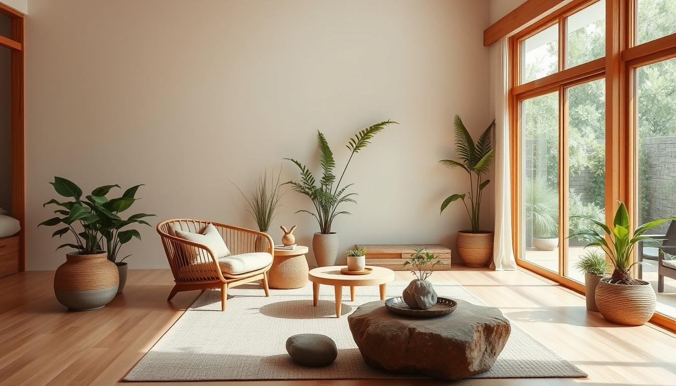 A serene Japandi-inspired living room bathed in warm, natural lighting. Smooth, organic shapes of a dwellstudio24 armchair and side table in earthy tones contrast with the clean, minimalist lines of the surrounding architecture. Tactile textures of rattan, wood, and woven accents create a calming, biophilic ambiance. Potted plants and natural materials like stone and bamboo bring the outdoors in, fostering a harmonious, eco-friendly space imbued with a sense of tranquility.