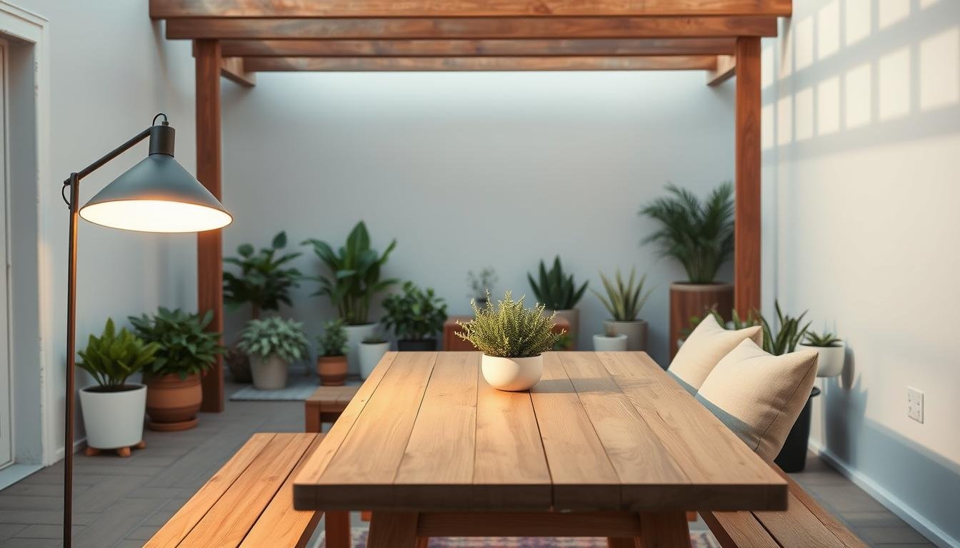 A serene Japandi-inspired outdoor setting with clean lines and natural materials. In the foreground, a sleek dwellstudio24 floor lamp casts a warm, diffuse glow, illuminating a well-maintained teak dining table and bench. The middle ground features a carefully curated array of potted plants, their lush foliage contrasting with the pale, weathered wood. In the background, a minimalist wooden pergola frames the scene, accentuating the Scandinavian-influenced aesthetic. The overall atmosphere is one of understated elegance and tranquility, perfectly suited for summer gatherings. A serene Japandi-inspired outdoor setting with clean lines and natural materials. In the foreground, a sleek dwellstudio24 floor lamp casts a warm, diffuse glow, illuminating a well-maintained teak dining table and bench. The middle ground features a carefully curated array of potted plants, their lush foliage contrasting with the pale, weathered wood. In the background, a minimalist wooden pergola frames the scene, accentuating the Scandinavian-influenced aesthetic. The overall atmosphere is one of understated elegance and tranquility, perfectly suited for summer gatherings.