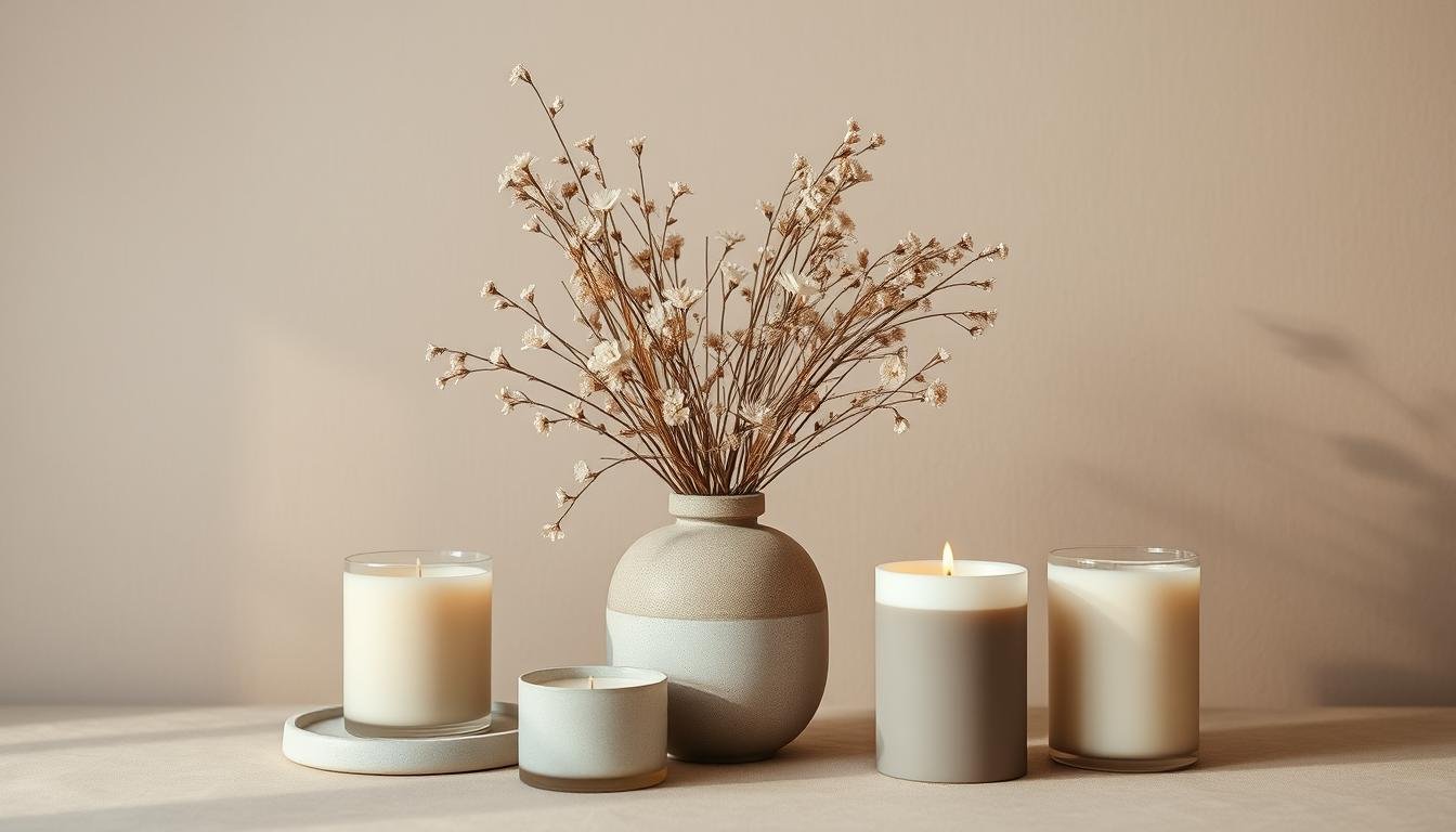 A serene Japandi-inspired still life showcasing a dwellstudio24 ceramic vase filled with delicate dried florals, accompanied by a trio of soy candles in neutral tones of beige, gray, and ivory. The arrangement is set against a minimalist, earthy backdrop, with a soft, diffused lighting that casts gentle shadows, evoking a sense of tranquility and understated elegance. The composition is balanced and visually appealing, capturing the essence of Japandi style - a harmonious blend of Japanese and Scandinavian design principles. Japandi Mother’s Day Gifts: Sustainable Luxury Essentials