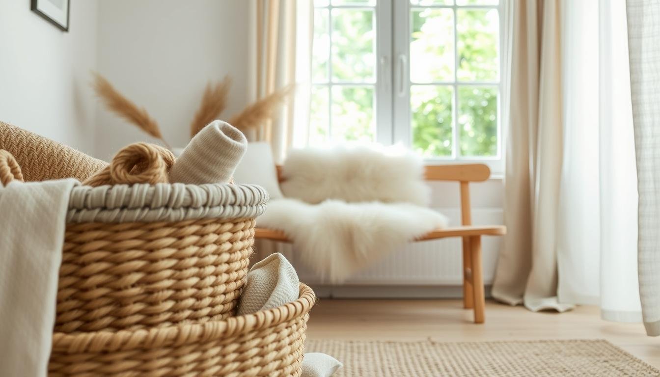 A serene Japandi-inspired summer home decor scene, captured in natural materials and muted tones. In the foreground, a dwellstudio24 woven rattan basket overflows with textured jute and linen accents. Midground features a minimalist wooden bench adorned with a fluffy sheepskin throw. The background depicts a sun-dappled window, framed by airy linen curtains, offering a glimpse of verdant greenery outside. Soft, diffused lighting creates a warm, inviting atmosphere, while the composition emphasizes the harmony of organic textures and a pared-down aesthetic.