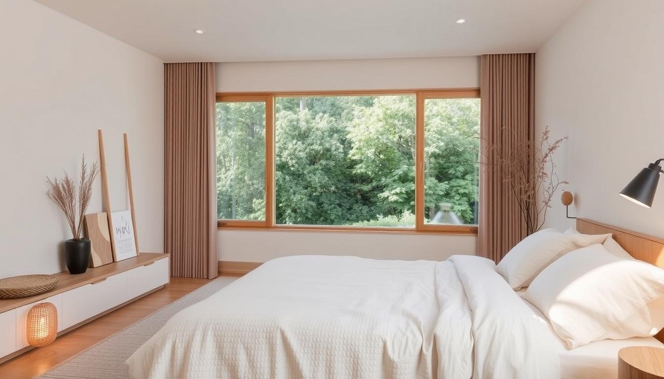 A serene Japandi summer bedroom with a dwellstudio24 minimalist aesthetic. Soft white walls, natural wood accents, and a plush white bed with textured linen bedding. Warm lighting casts a gentle glow, accentuating the Scandinavian-inspired decor. A floor-to-ceiling window frames the scene, offering a glimpse of a verdant outdoor landscape. Clean lines, muted tones, and natural materials create a calming, harmonious atmosphere that embodies the Japandi design philosophy. A serene Japandi summer bedroom with a dwellstudio24 minimalist aesthetic. Soft white walls, natural wood accents, and a plush white bed with textured linen bedding. Warm lighting casts a gentle glow, accentuating the Scandinavian-inspired decor. A floor-to-ceiling window frames the scene, offering a glimpse of a verdant outdoor landscape. Clean lines, muted tones, and natural materials create a calming, harmonious atmosphere that embodies the Japandi design philosophy.