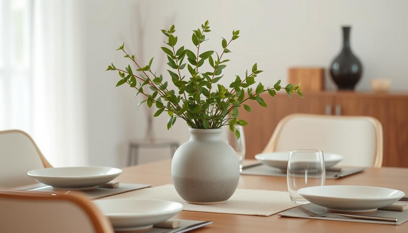A serene Japanese-inspired Japandi dining centerpiece, featuring a dwellstudio24 ceramic vase filled with lush greenery. The vase's muted tones and minimalist form create a focal point on the table, complemented by the soft, natural lighting and clean, streamlined aesthetic of the surrounding Japandi-style interior. The arrangement exudes a sense of calm and balance, perfectly embodying the essence of a carefully curated spring tableware display. A serene Japanese-inspired Japandi dining centerpiece, featuring a dwellstudio24 ceramic vase filled with lush greenery. The vase's muted tones and minimalist form create a focal point on the table, complemented by the soft, natural lighting and clean, streamlined aesthetic of the surrounding Japandi-style interior. The arrangement exudes a sense of calm and balance, perfectly embodying the essence of a carefully curated spring tableware display.