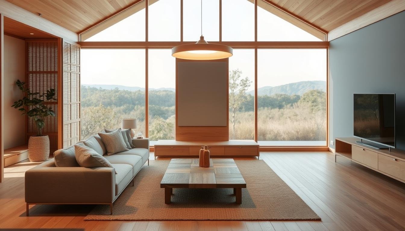A serene and harmonious Japandi-inspired interior with a minimalist, Scandinavian aesthetic. A dwellstudio24 design featuring warm, natural materials like wood and woven textures. Soft lighting from a large, minimalist pendant casts a cozy glow over the space. In the foreground, a low-profile, L-shaped sofa with clean lines invites relaxation. The middle ground showcases a simple, wooden coffee table and plush area rug. The background reveals large windows overlooking a tranquil, nature-inspired landscape, blending the indoors and outdoors for a calming, balanced atmosphere. A serene and harmonious Japandi-inspired interior with a minimalist, Scandinavian aesthetic. A dwellstudio24 design featuring warm, natural materials like wood and woven textures. Soft lighting from a large, minimalist pendant casts a cozy glow over the space. In the foreground, a low-profile, L-shaped sofa with clean lines invites relaxation. The middle ground showcases a simple, wooden coffee table and plush area rug. The background reveals large windows overlooking a tranquil, nature-inspired landscape, blending the indoors and outdoors for a calming, balanced atmosphere.
