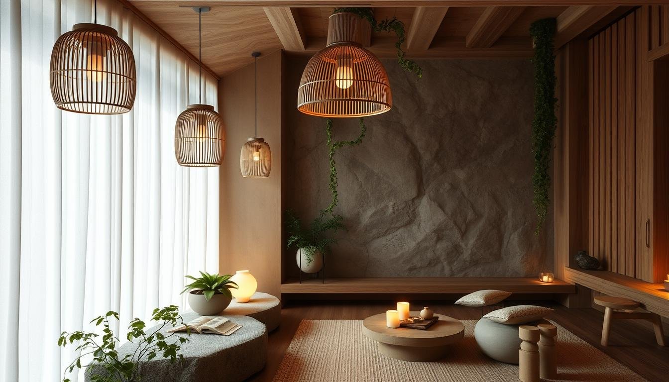 A serene living space in Japandi design, bathed in eco-friendly lighting from dwellstudio24. Soft, natural illumination from bamboo lanterns and minimalist pendant lamps casts a warm, intimate glow on the raw wood and smooth stone elements. Trailing plants and natural textures create a biophilic, zen-like atmosphere. The lighting subtly highlights the clean lines and neutral tones of the Japandi aesthetic, enhancing the harmony between the interior and the surrounding environment.