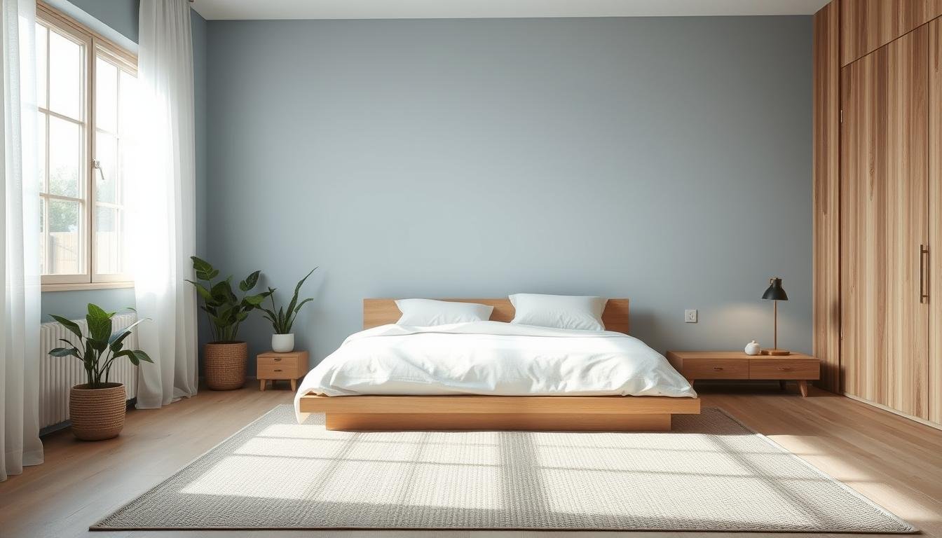 A serene, minimalist Japandi-inspired bedroom bathed in natural light. A large window floods the space with soft, diffused illumination, casting a calming glow on the pale blue walls and muted wood tones. Sheer curtains gently billow, creating an ethereal atmosphere. In the foreground, a low, platform bed is dressed in crisp, white linens, flanked by minimalist nightstands. Potted plants and a woven rug add natural textures, while a neutral palette and clean lines evoke a sense of tranquility. The lighting is optimized to create a relaxing, meditative ambiance, perfect for a Japandi-inspired, Nordic-influenced blue bedroom oasis.