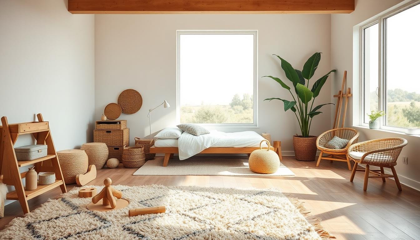 A serene, minimalist kids room bathed in natural light, featuring an array of tactile, organic materials. In the foreground, a cozy nook with a plush, textured rug and wooden play equipment. The middle ground showcases a low-profile, scandinavian-inspired bed frame surrounded by woven baskets, rattan chairs, and a lush, potted plant. The background reveals a large window overlooking a tranquil outdoor scene, casting a warm, diffused glow throughout the space. Clean lines, muted palettes, and a harmonious blend of textures evoke a calming, Japandi-inspired atmosphere perfect for young imaginations.