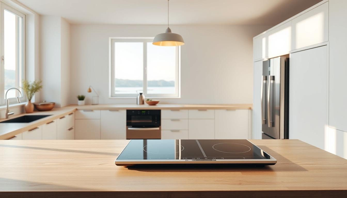 A sleek, minimalist kitchen interior in a Japandi style, bathed in soft, natural lighting. In the foreground, a set of innovative kitchen appliances sits atop a clean, wooden countertop - a state-of-the-art induction cooktop, a high-tech convection oven, and a multifunctional smart fridge. In the middle ground, a pendant light fixture casts a warm glow, while the background features pale, Scandinavian-inspired cabinetry and a large window overlooking a serene, Nordic-inspired landscape. The overall atmosphere is one of modern elegance and seamless integration of technology into the cooking experience.