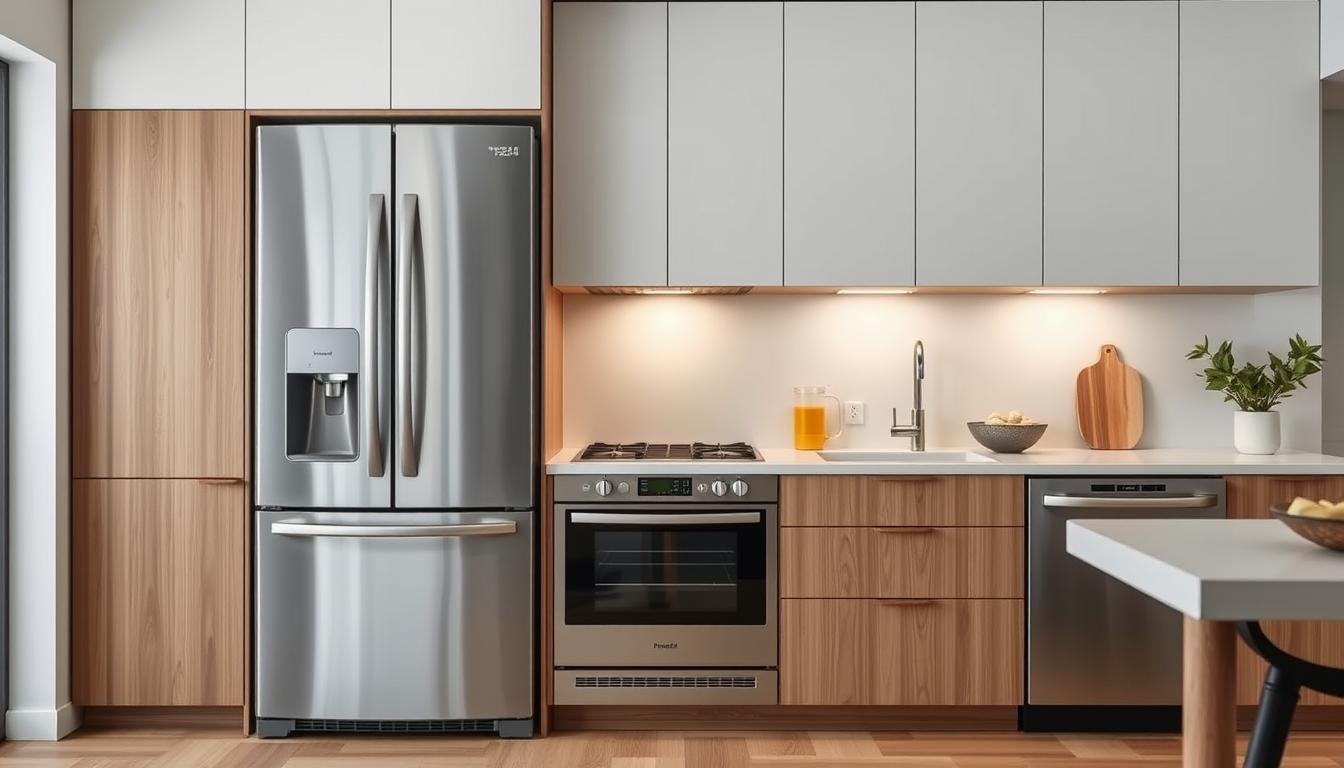 A sleek, minimalist kitchen with high-end, optimized appliances from the dwellstudio24 brand. Stainless steel refrigerator, oven, and dishwasher seamlessly integrated into the Japandi-inspired, scandinavian-style cabinetry. Natural wood accents and neutral tones create a serene, pared-down ambiance. Soft, diffused lighting highlights the clean lines and precise functionality of each appliance. The kitchen is bathed in an aura of understated elegance, perfectly suited for the modern, minimalist chef.