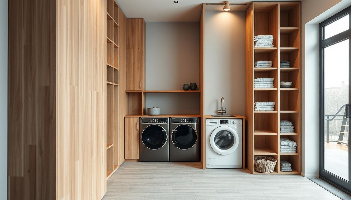 A sleek, minimalist vertical storage system dominates the foreground, its clean lines and warm wood tones embodying the Scandinavian aesthetic. Tall, narrow shelves stretch towards the high ceilings, maximizing the room's vertical space and creating an illusion of depth. Soft, diffused lighting from discreet fixtures casts a cozy glow, complementing the Japandi-inspired color palette of muted greys and natural hues. In the background, a simple, uncluttered laundry room unfolds, with a Nordic-inspired tile floor and a large window flooding the space with natural light. The overall scene exudes a sense of functional minimalism and tranquil practicality, perfectly capturing the essence of space-saving vertical storage in a Scandinavian-inspired laundry room.