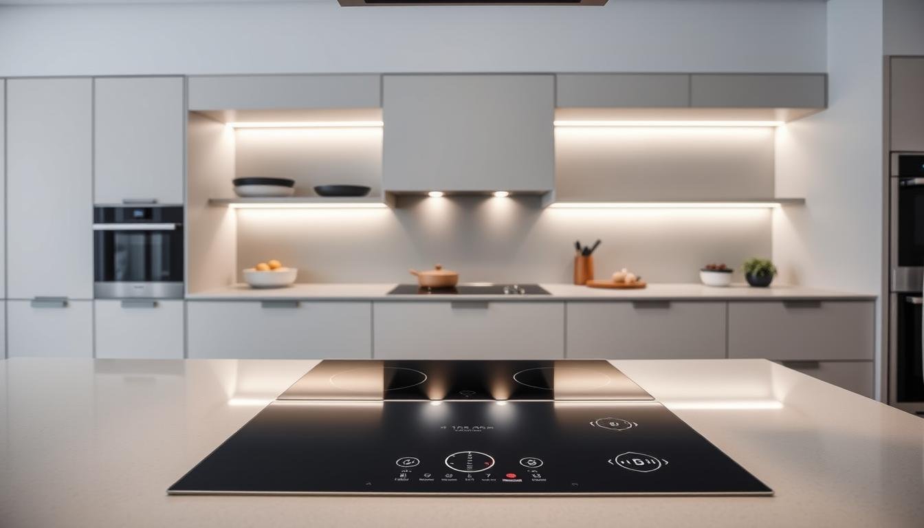 A sleek, modern kitchen with smart appliances and cutting-edge technology blending Japandi aesthetics. In the foreground, a minimalist touchscreen interface controls various cooking functions. In the middle, a state-of-the-art induction cooktop with smart sensors and precise temperature control. In the background, a seamless, scandinavian-inspired cabinetry system integrated with smart storage solutions and automated lighting. The overall scene exudes a calm, nordic atmosphere, with muted tones and clean lines complementing the innovative technology that revolutionizes kitchen functionality.