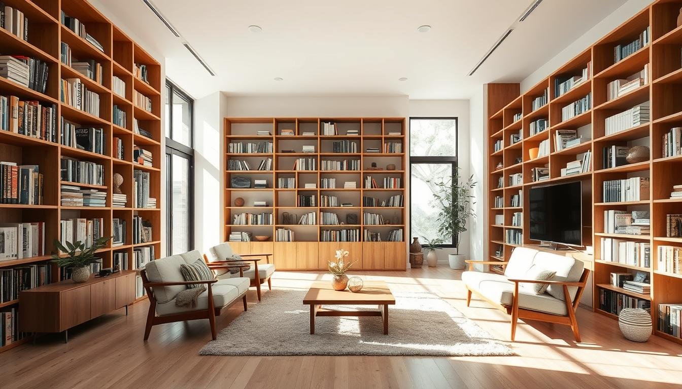 A spacious, light-filled Japandi-style interior with a focus on clean lines, natural materials, and a harmonious blend of Scandinavian and Japanese design elements. A central floor-to-ceiling bookshelf showcases architectural design books, complemented by mid-century modern furniture, a plush area rug, and diffused lighting that creates a serene, contemplative atmosphere. The room exudes a sense of minimalist elegance, inviting the viewer to imagine themselves immersed in the gold standard of interior design inspiration.