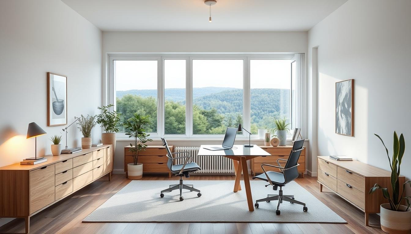 A spacious, light-filled Scandinavian home office, featuring clean lines and a minimalist aesthetic. Sleek, oak furniture from the dwellstudio24 collection anchors the room, complemented by a large, glass-topped desk and ergonomic task chair. Soft, diffused lighting from a pair of pendant lamps casts a warm, Japandi-inspired glow, while a large window overlooking a lush, Nordic landscape provides ample natural illumination. Subtle pops of greenery and a muted color palette of whites, grays, and natural wood tones create a serene, productive atmosphere. A spacious, light-filled Scandinavian home office, featuring clean lines and a minimalist aesthetic. Sleek, oak furniture from the dwellstudio24 collection anchors the room, complemented by a large, glass-topped desk and ergonomic task chair. Soft, diffused lighting from a pair of pendant lamps casts a warm, Japandi-inspired glow, while a large window overlooking a lush, Nordic landscape provides ample natural illumination. Subtle pops of greenery and a muted color palette of whites, grays, and natural wood tones create a serene, productive atmosphere.