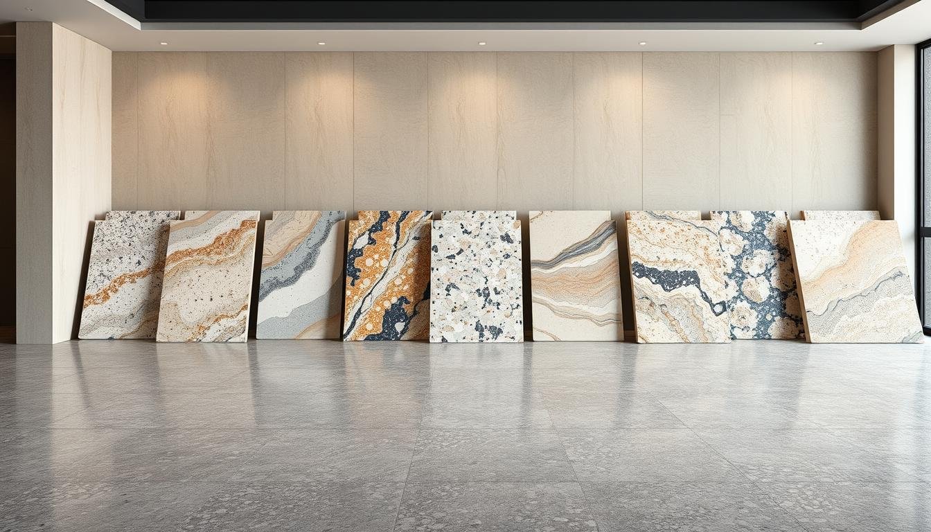 A stunning collection of vibrant terrazzo color schemes and patterns, showcased in a serene Japandi-inspired interior. The foreground features a seamless terrazzo floor in a muted palette of grays, whites, and subtle earth tones, creating a calming foundation. The middle ground presents a selection of terrazzo samples, each with a unique blend of colors and textures, ranging from bold geometric patterns to organic, fluid designs. In the background, a minimalist, natural-toned wall provides a clean, uncluttered backdrop, allowing the terrazzo samples to take center stage. The lighting is soft and diffused, highlighting the depth and nuance of the terrazzo materials. The overall atmosphere is one of refined elegance and modern simplicity, perfectly capturing the essence of a Japandi-style interior. A stunning collection of vibrant terrazzo color schemes and patterns, showcased in a serene Japandi-inspired interior. The foreground features a seamless terrazzo floor in a muted palette of grays, whites, and subtle earth tones, creating a calming foundation. The middle ground presents a selection of terrazzo samples, each with a unique blend of colors and textures, ranging from bold geometric patterns to organic, fluid designs. In the background, a minimalist, natural-toned wall provides a clean, uncluttered backdrop, allowing the terrazzo samples to take center stage. The lighting is soft and diffused, highlighting the depth and nuance of the terrazzo materials. The overall atmosphere is one of refined elegance and modern simplicity, perfectly capturing the essence of a Japandi-style interior.