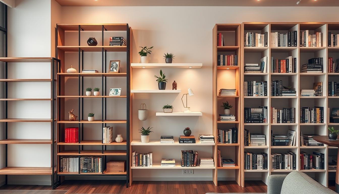 A stylish, well-lit bookshelf showcasing a variety of popular bookshelf designs and styles. The foreground features a minimalist Japandi-inspired bookshelf with clean lines, natural wood tones, and sleek metal accents. The middle ground displays a cozy, Scandinavian-influenced bookshelf with white floating shelves, potted plants, and decorative accessories. In the background, a larger, Nordic-style bookcase stands tall, its shelves filled with neatly arranged books in muted colors. Warm, diffused lighting illuminates the scene, creating a serene, inviting atmosphere. The overall composition highlights the versatility and aesthetic appeal of modern, trendy bookshelf styles.