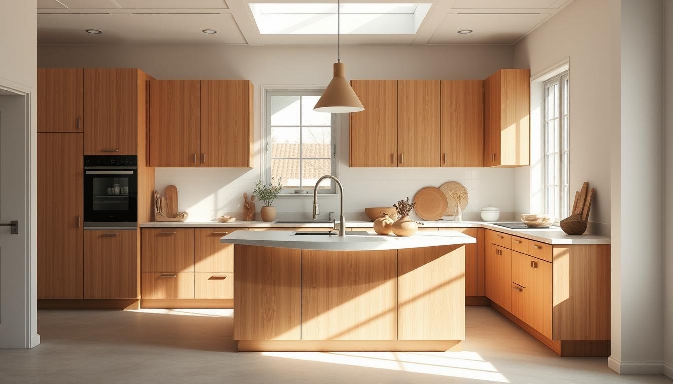 A sun-drenched Japandi kitchen work triangle, minimalist yet functional. Sleek dwellstudio24 cabinetry in warm wood tones, accented by understated Nordic-inspired hardware. A central island with a subtle yet striking waterfall edge, providing ample prep space. Soft, diffused lighting from angular pendant fixtures casts a welcoming glow. The backdrop is a serene, monochromatic palette of whites and grays, allowing the natural materials to take center stage. Every element is purposefully placed, creating a harmonious, efficient culinary sanctuary.