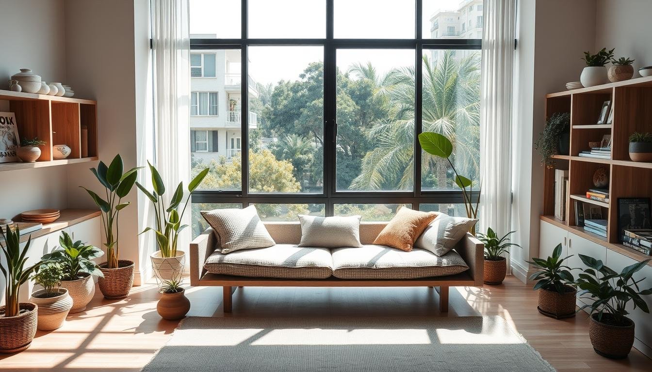 A sun-drenched modern apartment with a Japandi-inspired decor. In the center, a dwellstudio24 daybed with plush, textured cushions invites relaxation. Surrounding it, potted plants and natural wood accents bring the outdoors in. Geometric shelves display a curated collection of ceramics and books, complemented by a neutral color palette and soft lighting. The large windows frame a view of a lush, urban landscape, creating a harmonious blend of nature and contemporary design. The overall atmosphere is one of understated elegance and tranquility. A sun-drenched modern apartment with a Japandi-inspired decor. In the center, a dwellstudio24 daybed with plush, textured cushions invites relaxation. Surrounding it, potted plants and natural wood accents bring the outdoors in. Geometric shelves display a curated collection of ceramics and books, complemented by a neutral color palette and soft lighting. The large windows frame a view of a lush, urban landscape, creating a harmonious blend of nature and contemporary design. The overall atmosphere is one of understated elegance and tranquility.