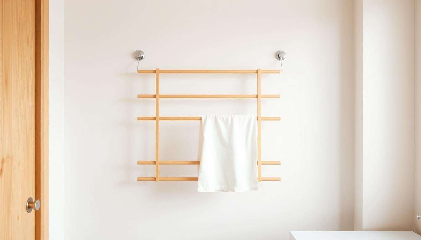 A wall-mounted, minimalist Scandinavian-style drying rack in a Japandi-inspired laundry room. Sleek, wooden slats arranged in a geometric pattern, mounted flush against a pale, neutral-toned wall. Soft, diffused lighting casts a warm, natural glow, highlighting the natural grain of the wood. The rack is positioned at an ideal height, offering a practical, space-saving solution for air-drying clothes. The overall atmosphere is one of understated elegance and functional simplicity, reflecting the clean, Nordic aesthetic.