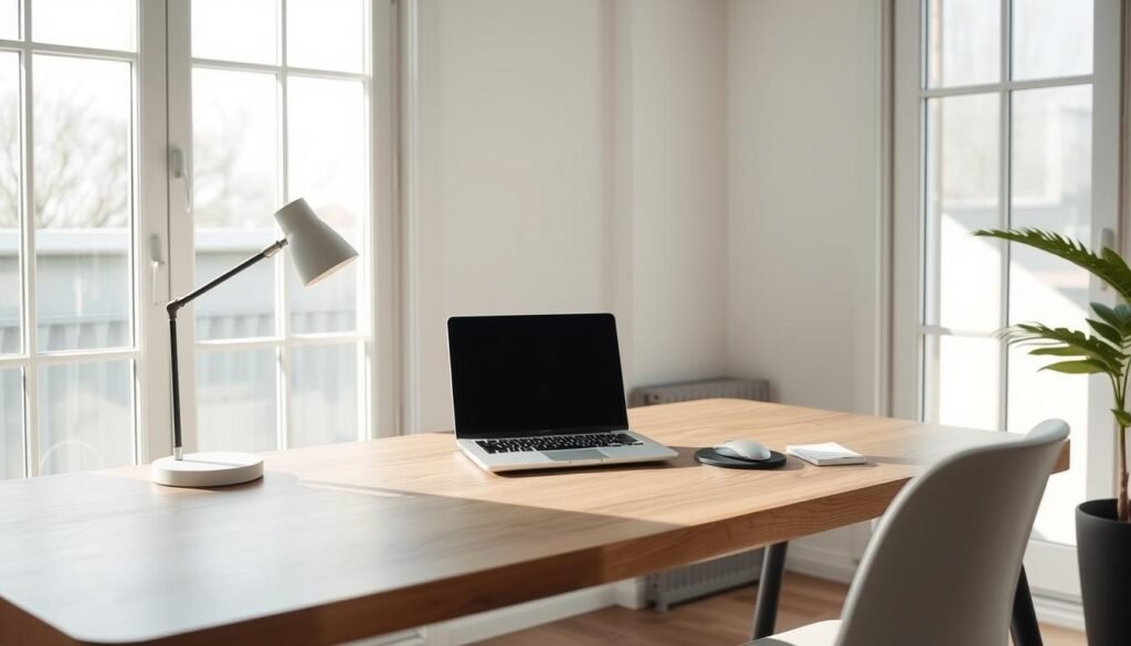 A well-curated minimalist home office showcasing dwellstudio24's sleek tech tools. A clean, Scandinavian-inspired workspace bathed in soft, natural light spilling through large windows. On a minimalist wooden desk, a state-of-the-art laptop, a modern wireless mouse, a minimalist desk lamp, and a few carefully selected office supplies in muted tones. The monochromatic color palette and clean lines create a serene, Japandi-inspired atmosphere, perfect for focused productivity.