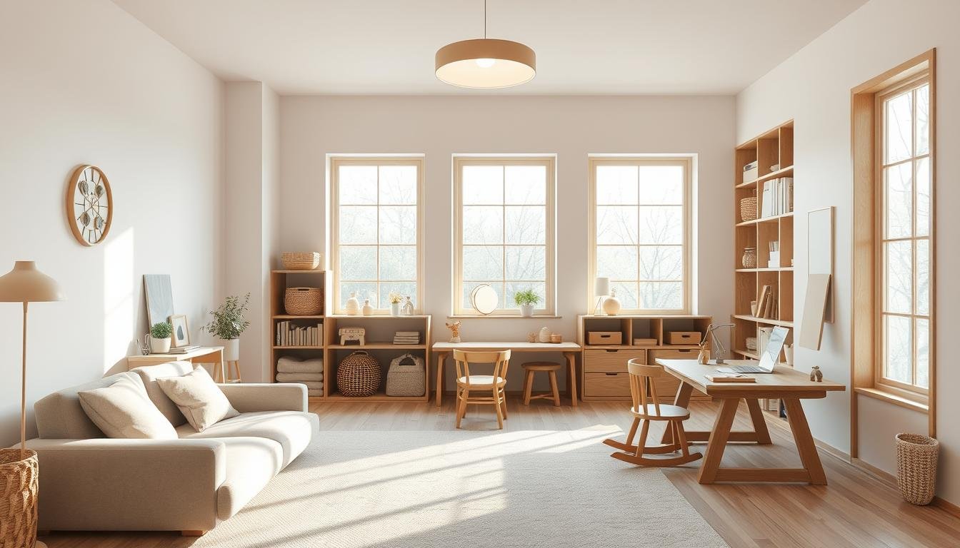 A well-lit, serene Japandi-style children's room, featuring a neutral color palette with pops of natural wood tones. Soft, diffused lighting from a central pendant illuminates a spacious layout with clean lines and minimalist furnishings. In the foreground, a low-profile, modular sofa with plush upholstery invites relaxation, while a wooden rocking chair stands nearby. The middle ground showcases a minimalist wooden desk and chair, perfect for homework or play. Towards the back, built-in shelving showcases decorative elements, textured baskets, and age-appropriate toys, creating a balanced, harmonious atmosphere. Tall, framed windows allow natural light to filter in, evoking a sense of tranquility and connection to the outdoors.