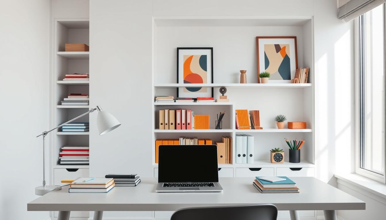 A well-organized Scandinavian-inspired school supply command center. The foreground features a sleek, minimalist desk with a modern lamp, a laptop, and a neat stack of notebooks. In the middle ground, built-in wall shelves display an array of carefully curated school supplies - color-coded folders, sharpened pencils, and a few decorative plants. The background showcases a plain white wall with a single framed piece of Japandi-style abstract art, bathed in soft, natural lighting from a large window. The overall atmosphere exudes a sense of calm, order, and functional simplicity. A well-organized Scandinavian-inspired school supply command center. The foreground features a sleek, minimalist desk with a modern lamp, a laptop, and a neat stack of notebooks. In the middle ground, built-in wall shelves display an array of carefully curated school supplies - color-coded folders, sharpened pencils, and a few decorative plants. The background showcases a plain white wall with a single framed piece of Japandi-style abstract art, bathed in soft, natural lighting from a large window. The overall atmosphere exudes a sense of calm, order, and functional simplicity.