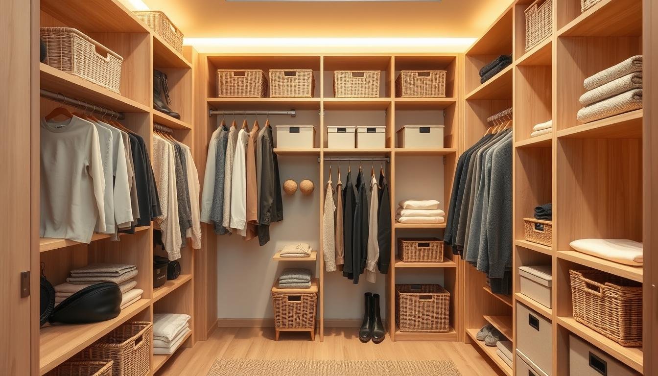 A well-organized closet with Japandi-inspired minimalist shelving, baskets, and storage containers. The warm lighting casts a soft glow, highlighting the clean lines and natural wood tones. Neatly folded clothes and accessories are displayed, creating a serene and inviting atmosphere. The camera angle captures the transformation, showcasing the efficient use of space and the effortless elegance of this organized closet.