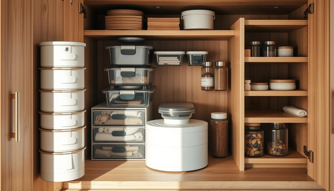 A well-organized kitchen cabinet, illuminated by soft, natural lighting, showcasing an array of sleek, minimalist organization tools. In the foreground, a collection of stackable, modular containers, label holders, and dividers in muted, earthy tones blend seamlessly with the Japandi-inspired, scandinavian-influenced design. The middle ground features a lazy susan turntable, a pull-out spice rack, and a tiered shelf system, all crafted from natural materials like bamboo or oak, complementing the Nordic-inspired aesthetic. In the background, a glimpse of the cabinet's interior reveals a harmonious balance of open and closed storage solutions, creating a sense of order and efficiency.