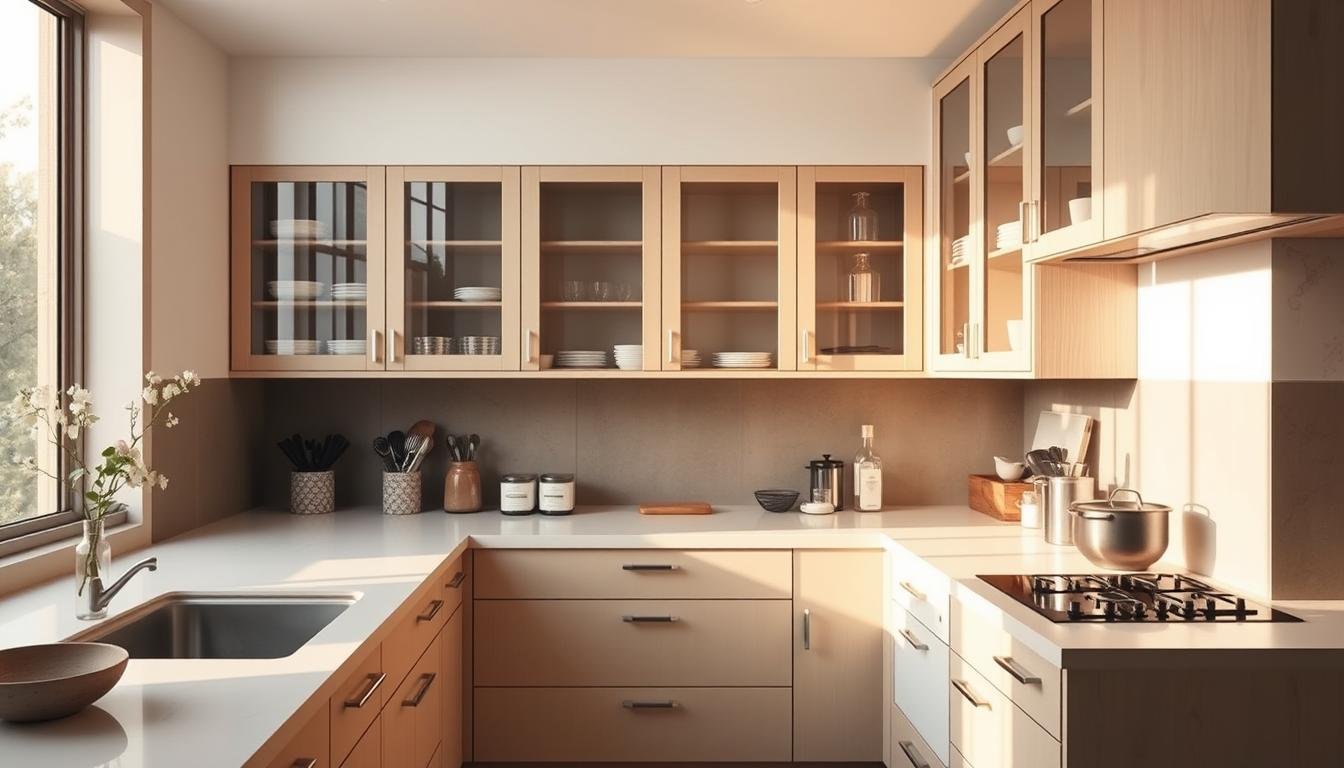 A well-organized kitchen in a Japandi style interior, with a minimalist and harmonious aesthetic. The countertops are clear and clutter-free, with a few neatly arranged cooking utensils and a simple vase of flowers. The cabinets and drawers are meticulously arranged, their contents visible through the translucent glass doors. Soft, natural lighting filters in through large windows, casting a warm glow and accentuating the clean lines and muted tones of the space. The overall impression is one of calm, efficiency, and a sense of control over the environment.