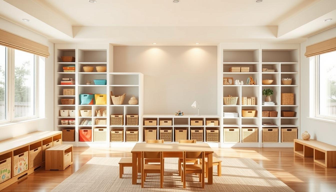 A well-organized, minimalist Japandi-style playroom, with abundant natural light filtering through large windows. The foreground features a mix of open shelving and cubbies, housing a variety of child-friendly storage solutions - colorful fabric bins, woven baskets, and modular wooden crates. The middle ground showcases a low, uncluttered wooden table and chairs, inviting creativity and playtime. In the background, a serene, neutral-toned accent wall provides a calming backdrop, complemented by subtle, warm lighting that creates a cozy, inviting atmosphere. Children's Playroom Storage and Organization system Ideas for Happy Kids