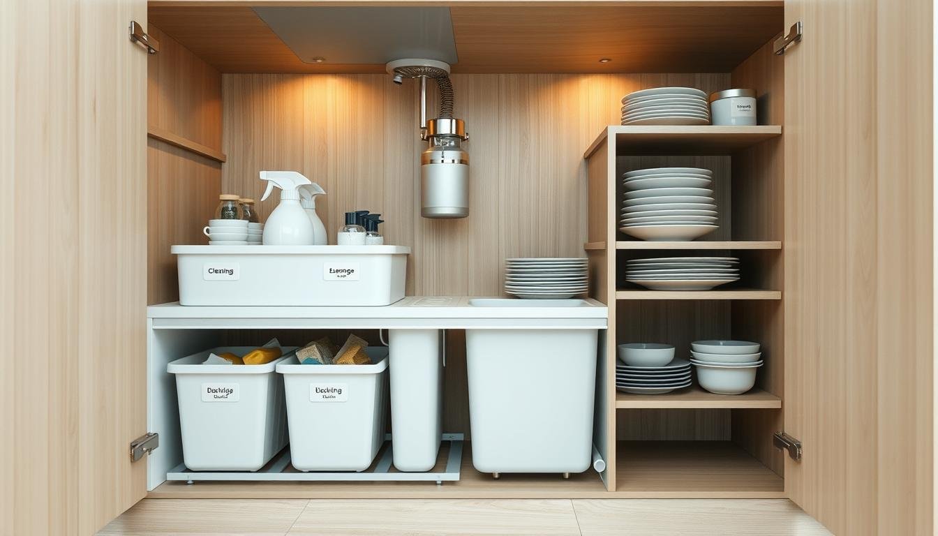 A well-organized under-sink cabinet in a minimalist Japandi-style kitchen. The foreground showcases a sleek pullout storage system with labeled bins for cleaning supplies, sponges, and other essentials. The middle ground features a compact shelving unit with a serene, Scandinavian-inspired aesthetic, housing neatly stacked dishes and cookware. The background subtly hints at the kitchen's overall neutral palette and clean lines, creating a calming, Nordic-inspired atmosphere. Warm, diffused lighting from above gently illuminates the space, highlighting the natural wood tones and muted colors. The entire scene conveys a sense of order, efficiency, and thoughtful design within a small, previously underutilized area. A well-organized under-sink cabinet in a minimalist Japandi-style kitchen. The foreground showcases a sleek pullout storage system with labeled bins for cleaning supplies, sponges, and other essentials. The middle ground features a compact shelving unit with a serene, Scandinavian-inspired aesthetic, housing neatly stacked dishes and cookware. The background subtly hints at the kitchen's overall neutral palette and clean lines, creating a calming, Nordic-inspired atmosphere. Warm, diffused lighting from above gently illuminates the space, highlighting the natural wood tones and muted colors. The entire scene conveys a sense of order, efficiency, and thoughtful design within a small, previously underutilized area.