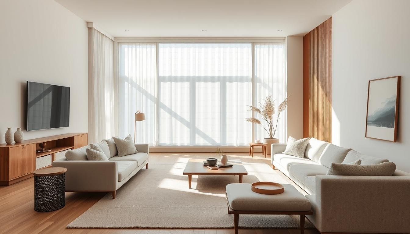 An elegant, airy Japandi-inspired interior design with a sophisticated, minimalist aesthetic. A sunlit living room with soft, neutral tones and clean lines. Warm wooden accents, plush textiles, and sleek Scandinavian furnishings create a tranquil, modern ambiance. Indirect lighting casts a gentle glow, highlighting the room's harmonious balance of textures and forms. The overall atmosphere exudes a sense of refined, Nordic-inspired style and understated luxury, reflecting the discerning taste of Elle Decor's design connoisseurs.