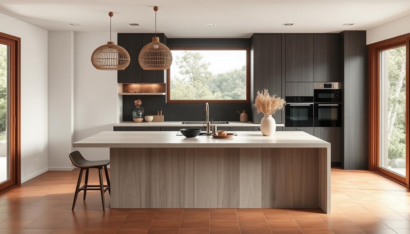 An intimate Japandi kitchen with natural textures and muted tones. The dwellstudio24 space features a sleek white oak island, its smooth grain accentuated by soft, diffused lighting. Scandinavian-inspired cabinetry in a rich charcoal hue creates a minimalist backdrop, complemented by warm terra cotta tiles underfoot. Textural elements like woven rattan pendant lights and a ceramic vase add depth, while a large window frames a serene natural landscape beyond, infusing the space with a sense of calm and balance.