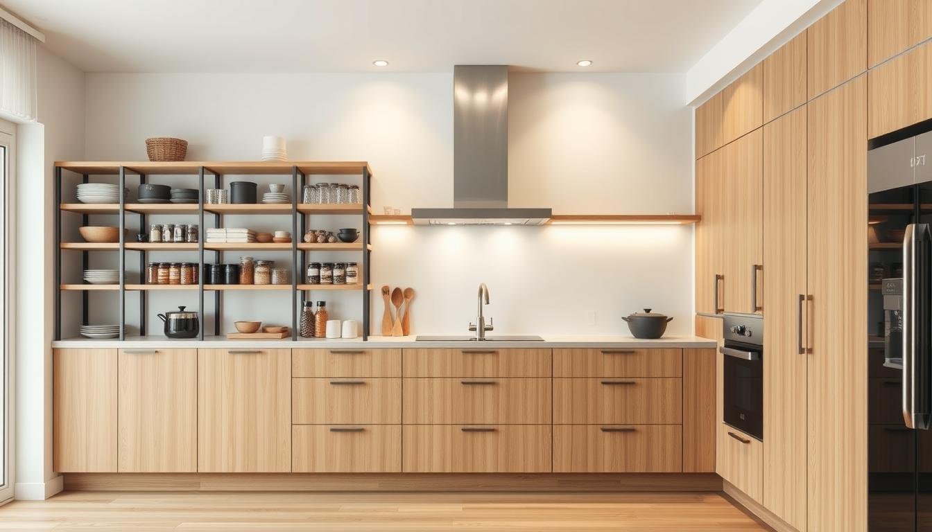 An organized and efficient kitchen with a Japandi-inspired aesthetic. A sleek, minimalist shelving system with clean lines and natural wood tones dominates the foreground, showcasing an artful arrangement of cookware, spices, and jars. The middle ground features streamlined cabinets and drawers, their fronts seamlessly integrated into the overall design. Soft, diffused lighting from above casts a warm, Scandinavian glow, complementing the neutral color palette and highlighting the tactile textures of the materials. The background blends effortlessly, creating a sense of balance and harmony, reflecting the Nordic-inspired, functional approach to kitchen organization.