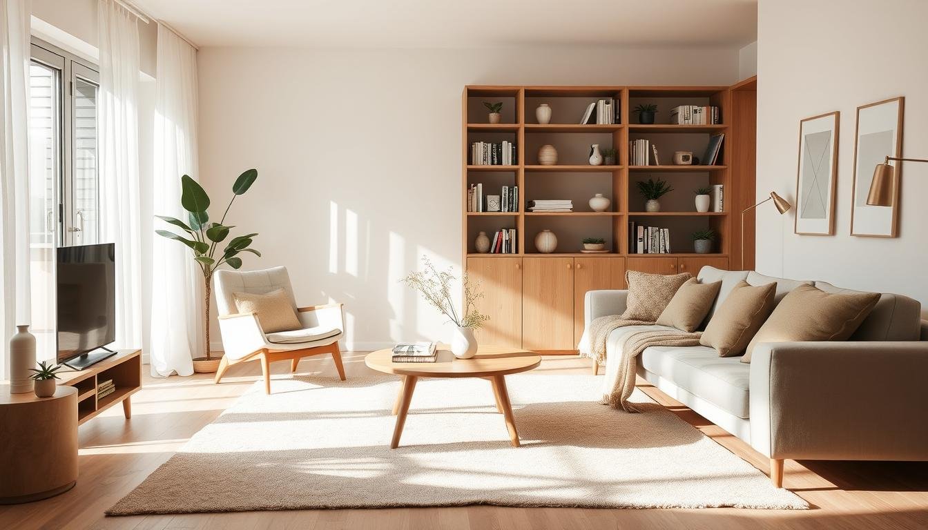 Cozy Japandi-inspired living room with minimalist Scandinavian decor. Soft neutral tones, natural wood accents, and clean lines create a serene and inviting atmosphere. Sunlight filters through sheer curtains, casting a warm glow on the dwellstudio24 armchair and mid-century modern coffee table. Bookshelves line the walls, filled with plants and ceramic vases. A plush area rug in muted hues anchors the space, while a neutral-toned sofa and throw pillows invite relaxation. The overall aesthetic is one of hygge - cozy, comfortable, and calming.