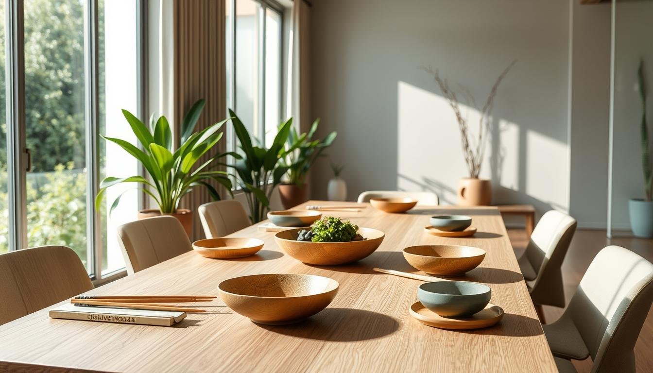Fusion dining experience with sustainable tableware - a minimalist Japandi-inspired setting. Natural light filters through large windows, casting a soft glow over a sleek, modern table. Elegant dwellstudio24 bamboo plates and bowls, paired with reusable chopsticks, create a harmonious, eco-conscious tableau. Lush, verdant plants add pops of green, while clean-lined furniture and muted tones evoke a sense of tranquility. The subtle interplay of textures, from smooth wood to earthy ceramics, invites a mindful, immersive dining ritual. Capture the essence of sustainable luxury in this serene fusion of East and West. Japandi Dining Rituals: serene Spring Tableware Curation