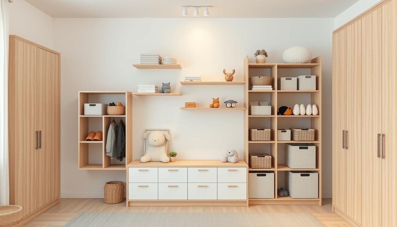 Japandi-inspired Scandinavian storage solutions for a minimalist kids' room. A bright, airy interior featuring sleek, natural wood shelves and cabinets with clean lines and subtle textures. Midcentury-modern inspired storage units in soft beige, grey, and white tones. Stylized vignettes showcase simple, functional DIY projects like wall-mounted cubby systems, floating shelves, and understated storage baskets. Warm, diffused lighting casts a cozy glow, emphasizing the room's Scandinavian aesthetic. Overall, a serene, clutter-free space highlighting clever, budget-friendly storage ideas. Japandi-inspired Scandinavian storage solutions for a minimalist kids' room. A bright, airy interior featuring sleek, natural wood shelves and cabinets with clean lines and subtle textures. Midcentury-modern inspired storage units in soft beige, grey, and white tones. Stylized vignettes showcase simple, functional DIY projects like wall-mounted cubby systems, floating shelves, and understated storage baskets. Warm, diffused lighting casts a cozy glow, emphasizing the room's Scandinavian aesthetic. Overall, a serene, clutter-free space highlighting clever, budget-friendly storage ideas.