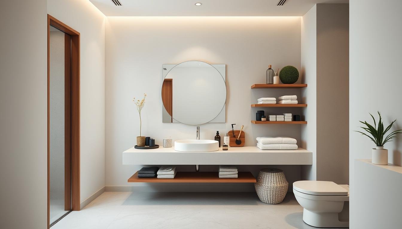 Japandi-inspired bathroom with clean lines and natural materials. A well-organized vanity displays neatly arranged grooming essentials, complimented by a neutral color palette and soft, diffused lighting. Sleek shelving showcases minimalist decor and storage solutions, creating a serene, spa-like ambiance. The composition emphasizes open, uncluttered space, inviting tranquility and a sense of refreshment. Captured through a wide-angle lens, the scene conveys a harmonious balance of form and function, reflecting the "Refreshing Your Bathroom Space" theme.