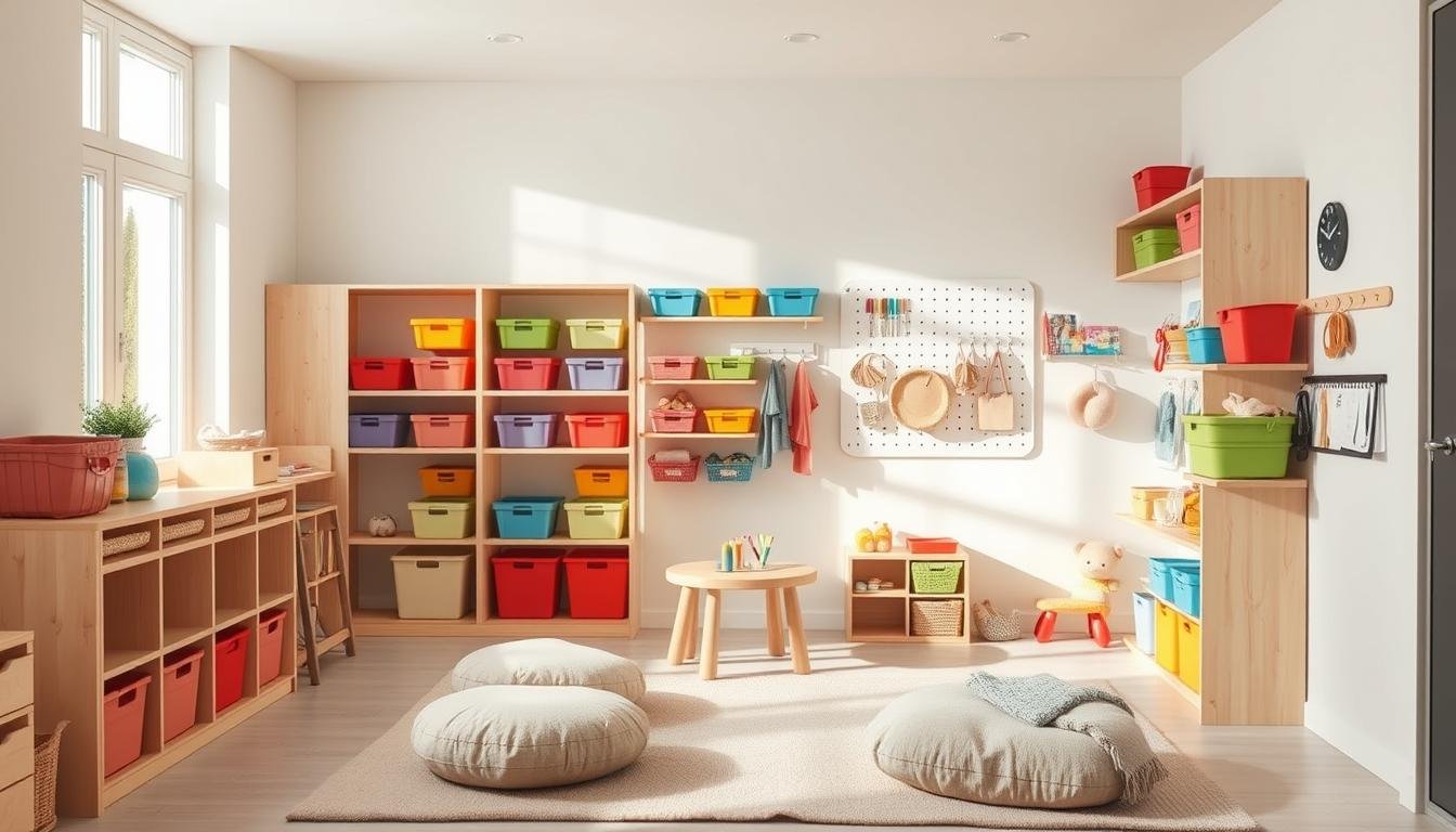 Japandi-inspired kid-friendly home organization space. Bright, airy room with clean lines and natural materials. Minimalist shelving units in soft wood tones display vibrant storage bins, baskets, and labeled containers. Strategically placed pegboards hold colorful hooks, clips, and small organizers. Cozy play area with plush floor cushions and a small table for arts and crafts. Abundant natural light from large windows casts a warm glow. Camera angle slightly elevated, capturing the orderly arrangement and inviting ambiance. Children's Playroom Storage and Organization system Ideas for Happy Kids