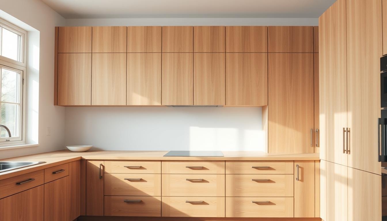 Japandi-inspired kitchen with ample wooden cabinetry, minimalist design, and clean lines. The camera angle captures a frontal view of the cabinets, showcasing their construction, hardware, and overall condition. Soft, natural lighting filters through a nearby window, casting a warm, inviting glow. The scene conveys a sense of simplicity, functionality, and Scandinavian/Nordic aesthetic. The cabinets are the focal point, allowing the viewer to assess their storage capacity, organization, and potential areas for improvement.