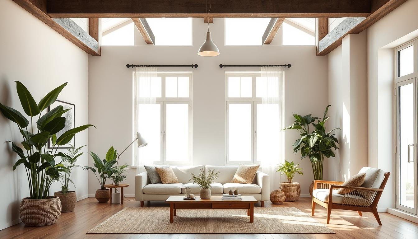 Japandi-inspired minimalist living room, flooded with warm natural light from large windows. Sleek, clean-lined furniture in neutral tones - a Scandi-style sofa, armchair, and low wooden coffee table. Lush indoor plants add pops of greenery, complemented by textured woven accents. Soft, diffused lighting from a simple pendant fixture overhead. Hints of industrial elements, like exposed beams, create a balanced, harmonious atmosphere. The room exudes a sense of peaceful, modern tranquility - a visual oasis for inspiration.