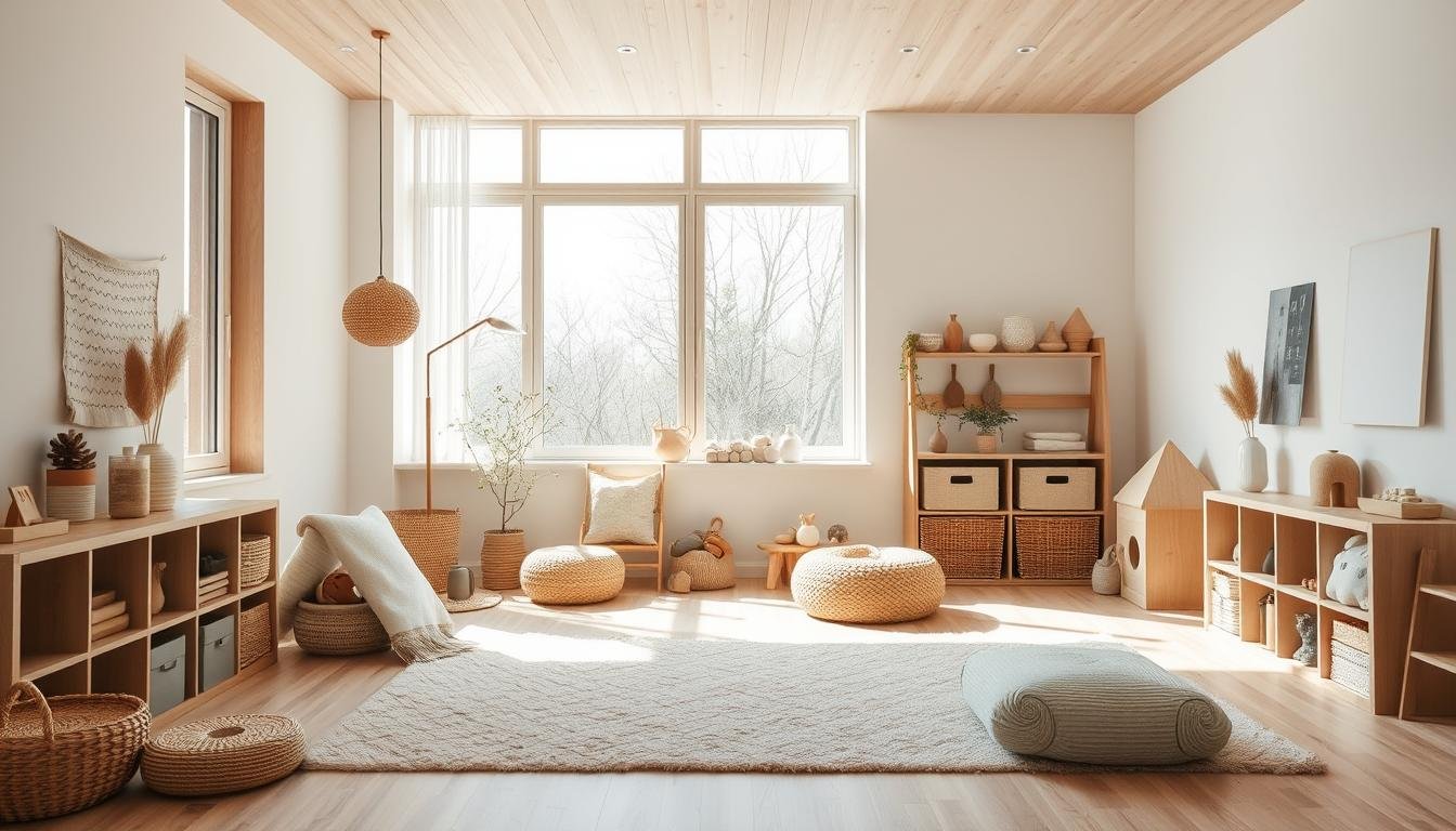 Japandi-inspired playroom design with dwellstudio24 aesthetic. A minimalist, Scandinavian-influenced space with natural wood tones, clean lines, and organic textures. Soft neutral palette with pops of muted color. Sunlit room with large windows, diffused lighting, and an airy, serene atmosphere. Cozy play area with tactile elements like woven baskets, plush rugs, and child-friendly furniture. Blend of functionality and visual harmony, fostering creativity and relaxation. Japandi-inspired playroom design with dwellstudio24 aesthetic. A minimalist, Scandinavian-influenced space with natural wood tones, clean lines, and organic textures. Soft neutral palette with pops of muted color. Sunlit room with large windows, diffused lighting, and an airy, serene atmosphere. Cozy play area with tactile elements like woven baskets, plush rugs, and child-friendly furniture. Blend of functionality and visual harmony, fostering creativity and relaxation.