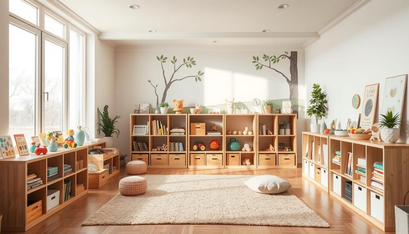 Japandi-inspired playroom with natural wooden storage solutions and minimal decor. A cozy, brightly lit room with large windows and soft, diffused lighting. In the foreground, a mix of open shelving and closed storage units house a variety of colorful toys, books, and activity kits. The middle ground features a plush, neutral-toned rug and a few simple, low-profile seating options. The background showcases a nature-inspired wall mural or artwork, creating a serene, calming atmosphere perfect for imaginative play and learning. Children's Playroom Storage and Organization system Ideas for Happy Kids