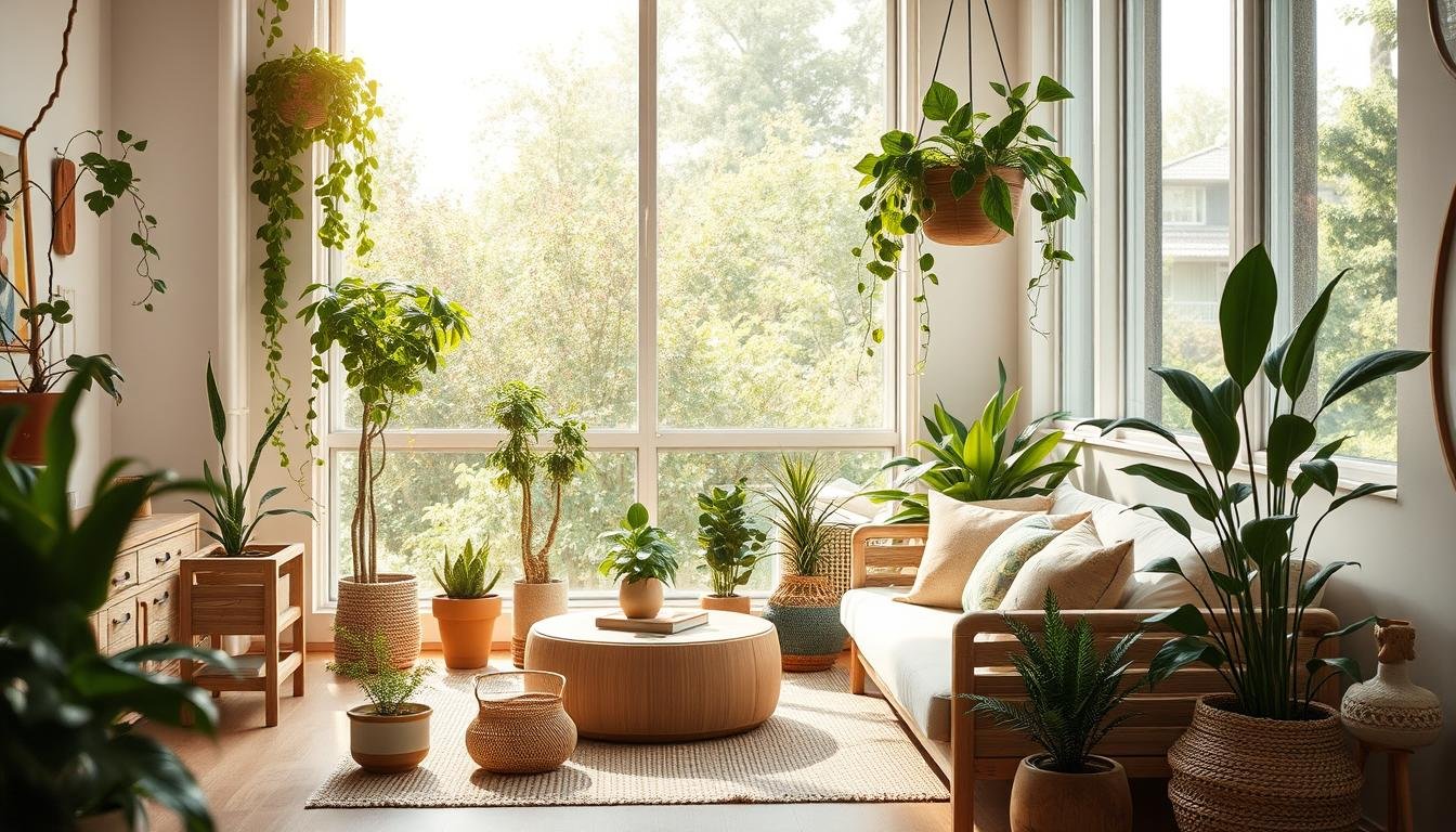 Japandi space with lush greenery, soft natural lighting filtering through large windows. Minimalist Scandinavian-inspired furnishings, clean lines and neutral tones create a serene, cozy ambiance. Potted dwarf plants, trailing vines, and a statement dwellstudio24 hanging planter add pops of verdant life. Wooden accents, woven textures, and earthy ceramics infuse the space with warmth. Captured through a wide-angle lens, the composition emphasizes the harmonious blend of nature and modern design. Japandi Maximalist Interior design Ideas: Powerful Design Moves for Impact