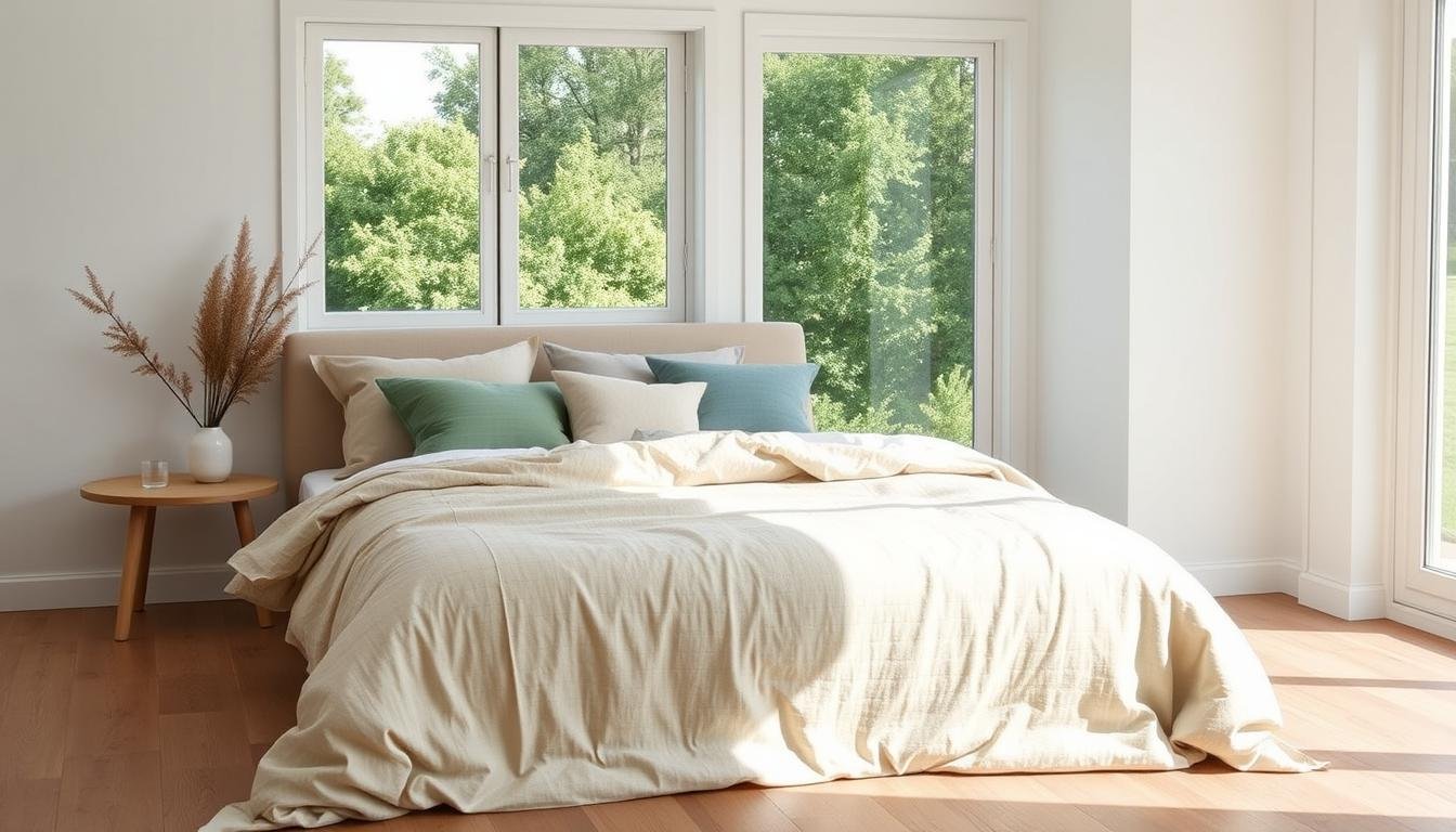 Japandi style summer bedding with a minimalist, Scandinavian-inspired aesthetic. A soft, neutral-toned duvet cover in a textured, natural fabric like linen or cotton, complemented by pillows in muted greens, blues, and beiges. The bed is positioned in a sun-drenched bedroom with white walls, wide plank hardwood flooring, and a large window overlooking a lush, verdant landscape. Gentle, diffused lighting creates a serene, calming atmosphere. Styled by the brand dwellstudio24, this bedding set effortlessly transitions the space for the warmer months. Japandi style summer bedding with a minimalist, Scandinavian-inspired aesthetic. A soft, neutral-toned duvet cover in a textured, natural fabric like linen or cotton, complemented by pillows in muted greens, blues, and beiges. The bed is positioned in a sun-drenched bedroom with white walls, wide plank hardwood flooring, and a large window overlooking a lush, verdant landscape. Gentle, diffused lighting creates a serene, calming atmosphere. Styled by the brand dwellstudio24, this bedding set effortlessly transitions the space for the warmer months.