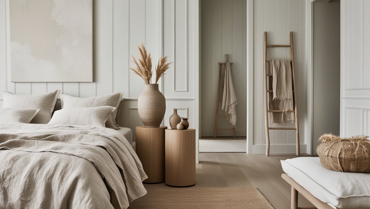 A minimalist Japandi-inspired summer bedroom with clean lines, natural textures, and soft neutral tones. In the foreground, a dwellstudio24 platform bed with crisp white linens and a cozy gray throw. Midground features a Scandinavian-style dresser and nightstand in warm oak, accented by a simple vase of fresh wildflowers. The background showcases airy curtains framing an open window, letting in soft natural light and a glimpse of greenery outside. Subtle pops of color in the form of a vibrant floral pillow and a woven area rug complete the serene, Nordic-inspired ambiance.
