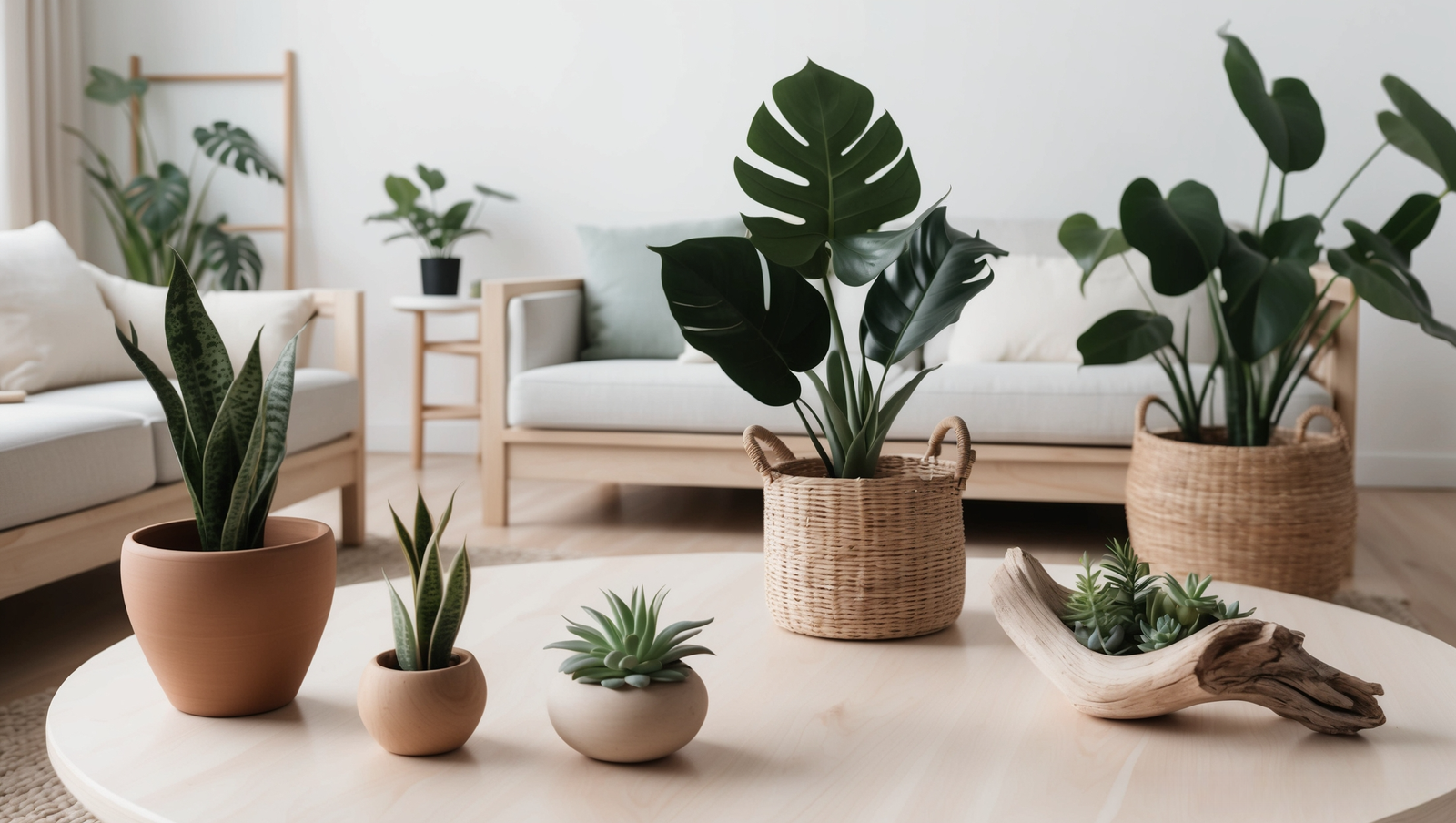 A stylishly modern Japandi-inspired indoor scene featuring a minimalist dwellstudio24 planter filled with lush, verdant houseplants. The composition is bathed in soft, natural lighting, creating a tranquil, zen-like atmosphere. The planter rests atop a sleek, wooden side table, complemented by a few other carefully curated accessories like a ceramic vase and a subtle piece of abstract wall art. The overall aesthetic is one of understated elegance and refined, sustainable luxury. Japandi Mother’s Day Gifts: Sustainable Luxury Essentials