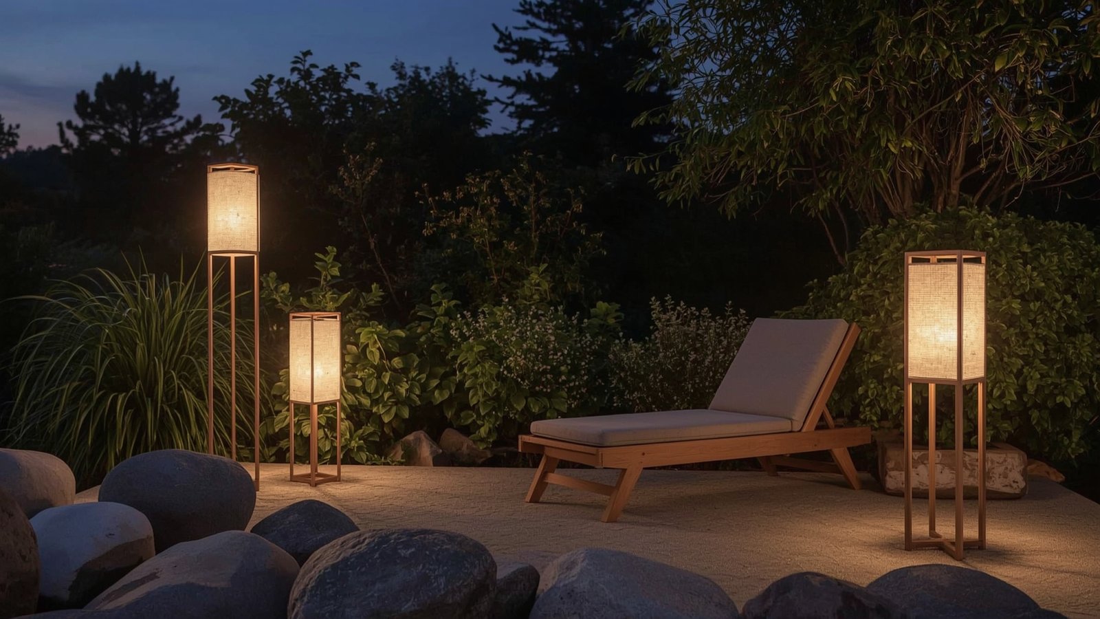 A minimalist Japandi-inspired outdoor lighting setup with a scandinavian flair. Sleek dwellstudio24 floor lamps with warm LED bulbs casting a cozy glow, surrounded by smooth river rocks and lush, verdant foliage. The scene is bathed in a soft, diffused light, creating an inviting and serene atmosphere perfect for summer evenings. Subtle textures and natural materials blend harmoniously, reflecting the budget-friendly yet elevated Scandinavian design aesthetic.